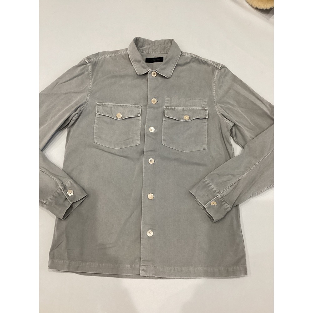 AllSaints Grey Cotton Twill Button Down Shirt Jacket Pockets Womens Medium